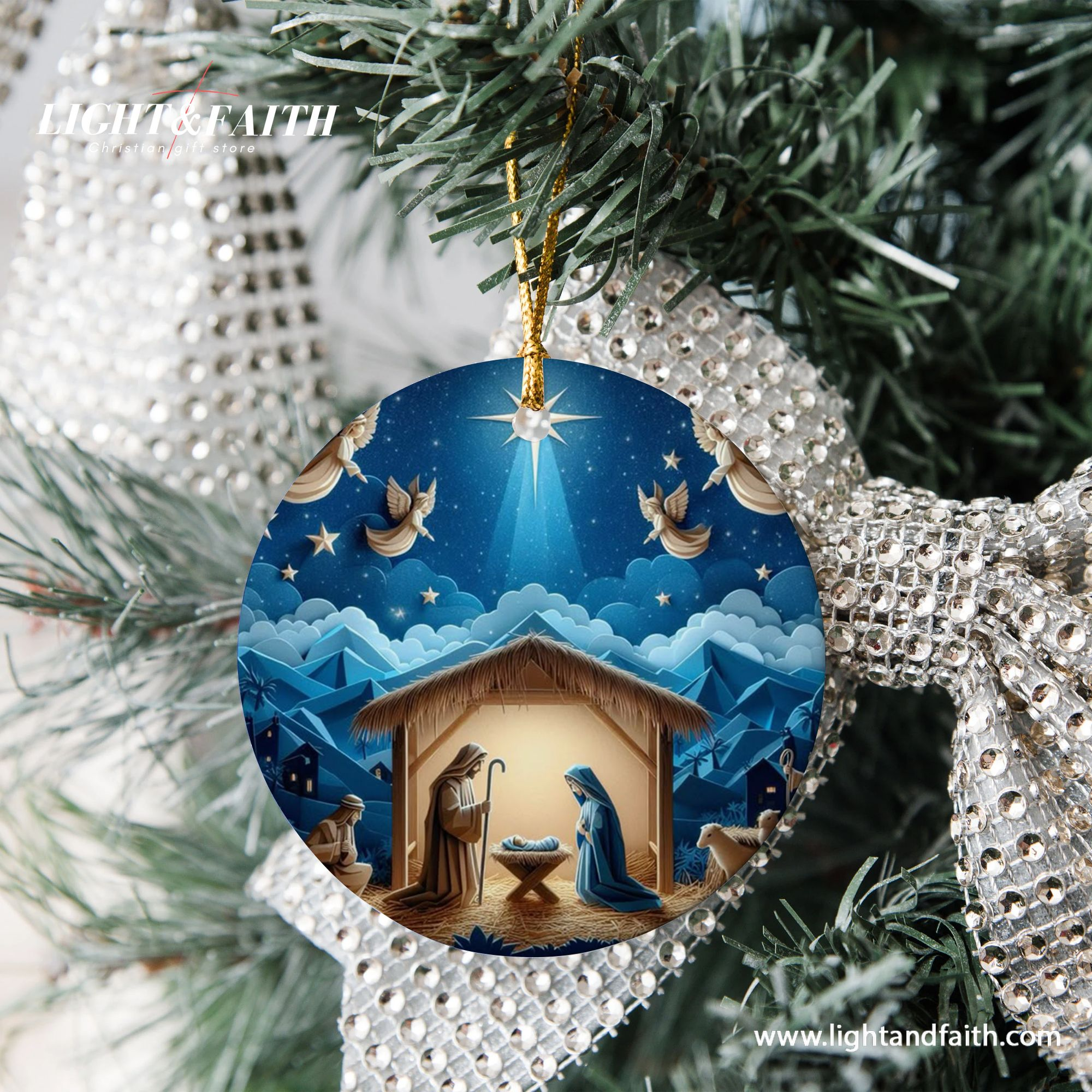 Nativity Scene Christmas Ornament, Holy Family Under Star of Bethlehem, Christian Holiday Decoration, Religious Xmas Tree Decor DCLAF33